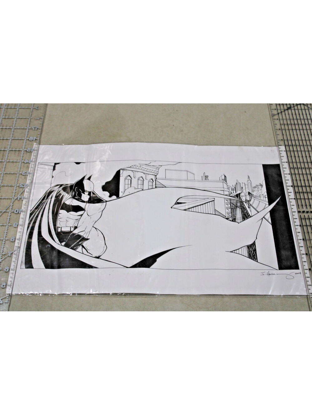 Orig. Art DC Batman Overlooking Gotham Ink Sketch Signed J. Hassay 2014 17x11
